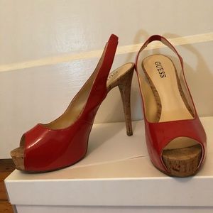 Guess Patent platform peep toe sling back heels